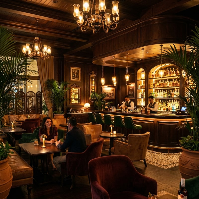 Bar area with backlit rum bottles and lounge seating